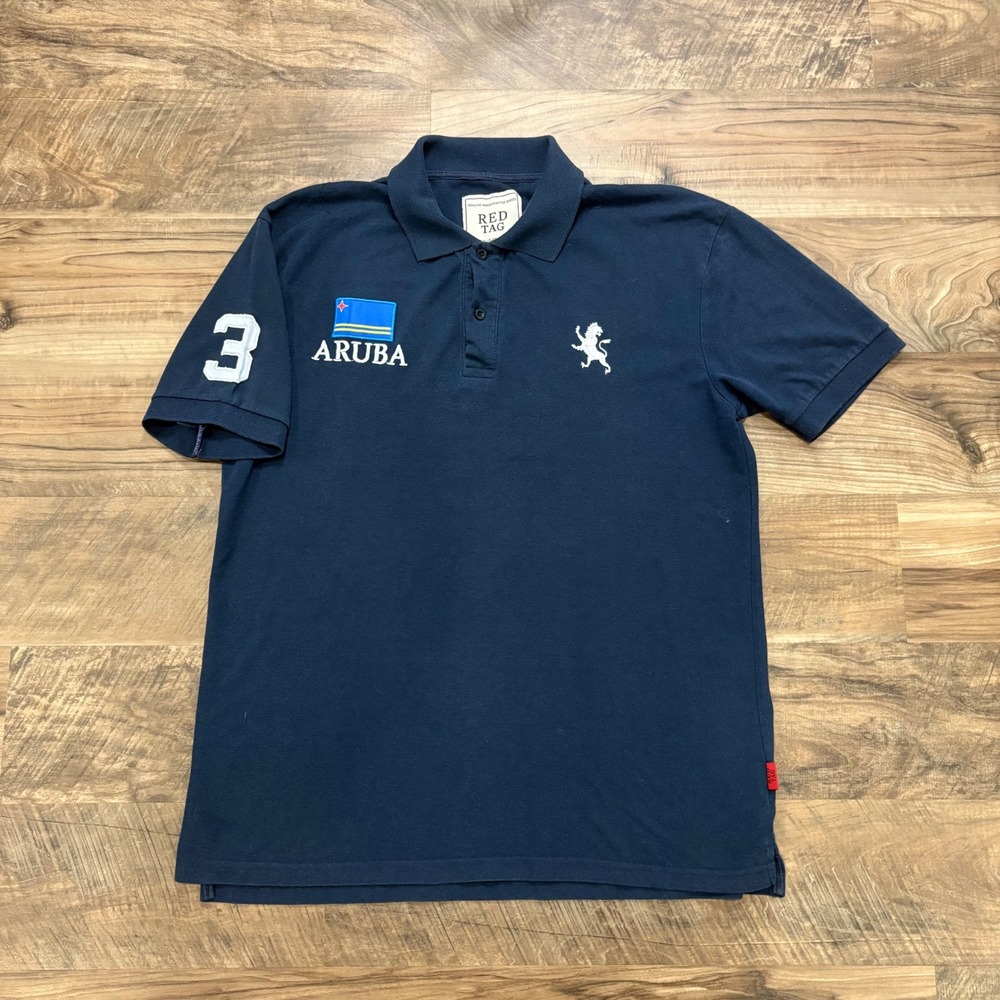 Vintage Y2K Red Tag Polo Shirt Men L Navy Aruba Souvenir Graphic Embroidered Tee